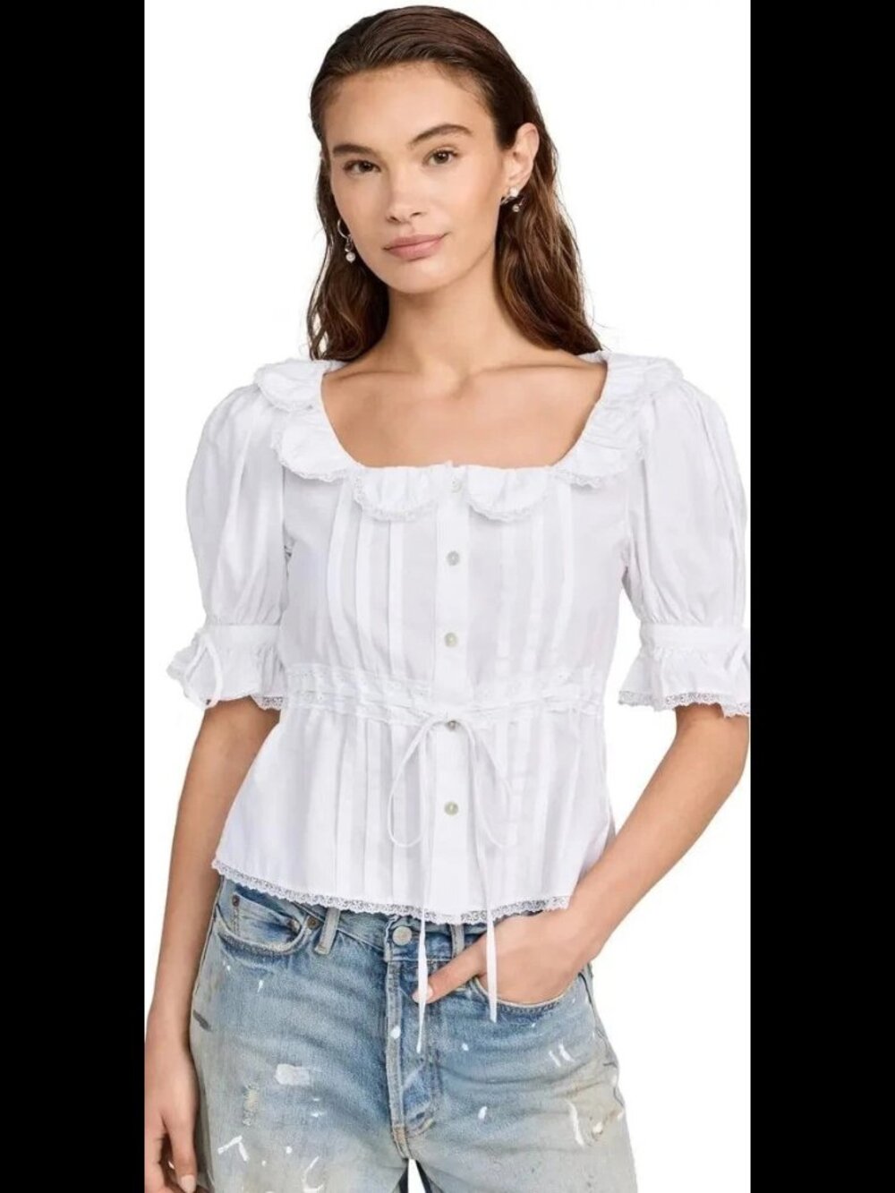 Sandy Liang Buttondown Lace Pintuck Blouse Top Cotton Puff Sleeve XS #511